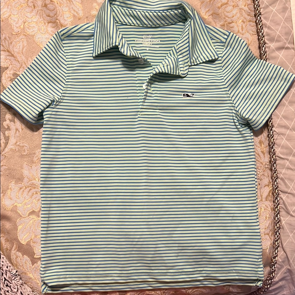 Vineyard Vines Kids Polo in Green and White Stripes